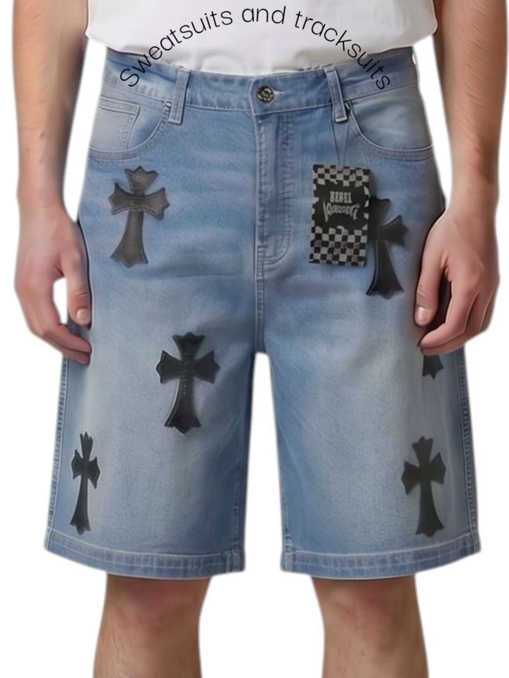 Rebel Vengeance Loose Fit Jorts Men's Chrome Heart Cross Denim Jean Shorts NWT
